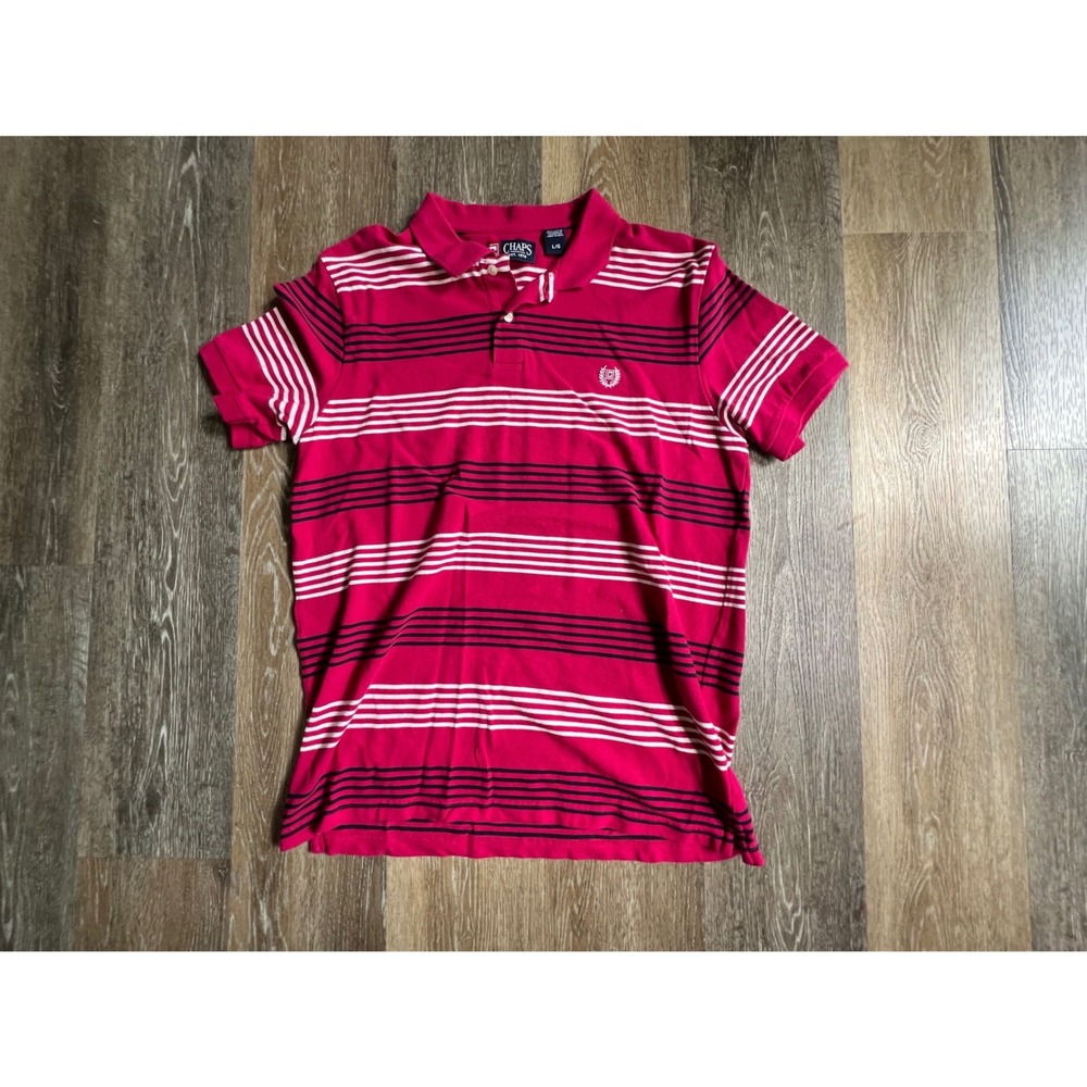 Chaps Polo Shirt Mens Large Pink Striped Short Sleeve Cotton Crest Logo Pique
